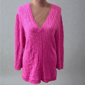 Ralph Lauren Vivid Pink Cable Knit V-Neck Sweater